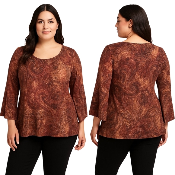 Cocomo Tops - COCOMO Top Womens Plus 1X Brown Copper Paisley Bell Sleeve Celestial Fairy Boho